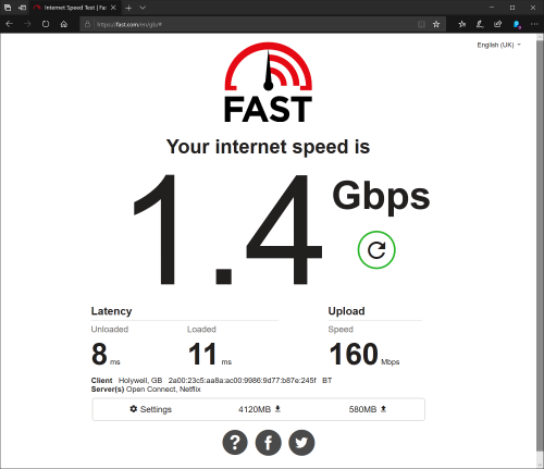 BT Consumer Full Fibre 1000:

Average Download of 900Mbps / Upload of 110Mbps