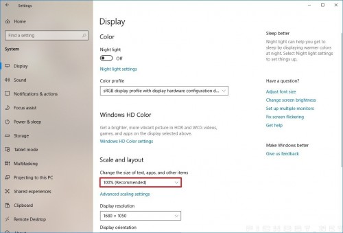 change scaling settings windos 10