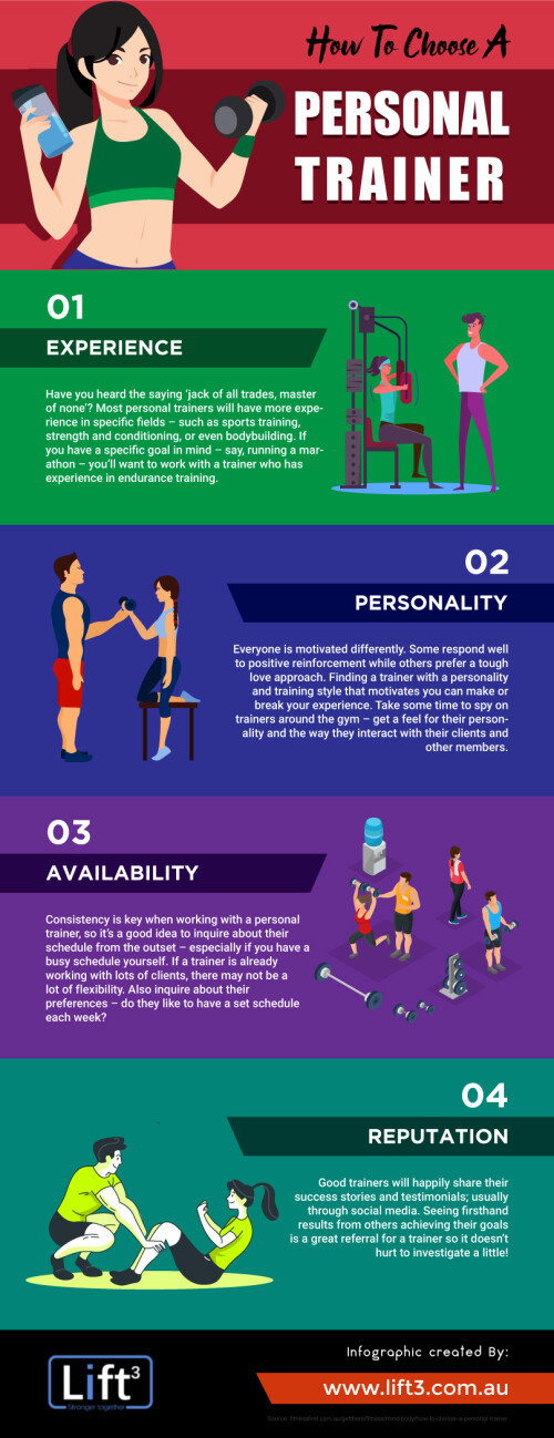 You’ve decided to take the next step on your fitness journey and take advantage of an expert who can assist you reach your health and wellness ambitions. Besides having the help of a personal trainer keep you more inspired and responsible with regards to weekly workouts, but they can also lead to assisting you to increase your time at the gym, avoid injury and see more steady results.

Therefore, it’s important to do your homework as you go about selecting a trainer; all it takes is a little hard work to find out whether or not someone will be a good fit for your requirements. After all, it’s known as “personal” training for a reason — working closely jointly makes a bond that will help you to stay engaged and inspired during the entire process.

Still confused? In this infographic Lift3 garb some vital factor to consider when you’re selecting a personal trainer.

View More- https://www.lift3.com.au/coaches/