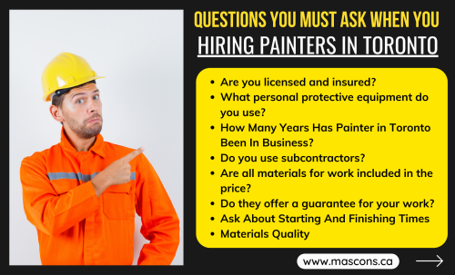 Before you hire painters for your project, you need to ask the right questions. If you don't, it's easy to be taken advantage of or end up with a poor quality job. In this article, we'll cover everything you need to ask before hiring painters in Toronto. https://masconstoronto.blogspot.com/2021/07/questions-to-ask-painters-in-toronto.html