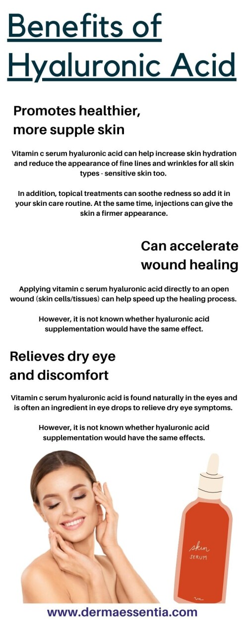 There are many skincare ingredient that you can use to improve the beauty of your skin, but Hyaluronic Acid is the most beneficial for your skin. Here are some benefits of adding Hyaluronic Acid to your skincare and you can click here to order your Hyaluronic Acid to get all these benefits: https://www.dermaessentia.com/products/best-vitamin-c-serum-india