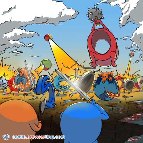 The never ending war.

For more Internet browser jokes visit https://comic.browserling.com. New jokes about IE, Edge, Firefox, Safari and Opera every week!