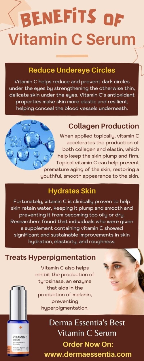 It is necessary daily to take care of your skin to protect it against various external aggressions. Vitamin C serum is a very effective solution for all these problems there are many benefits of Vitamin C Serum on face.

Get to know benefits of Vitamin C Serum in this Inphographic and get your Vitamin C Serum, just click here: https://www.dermaessentia.com/products/best-vitamin-c-serum-india