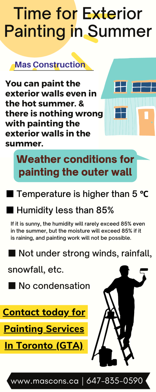 Painting exterior walls can be a difficult task because many factors affect it, especially in summer. Here are some factors in this Infographic like temperature, humidity, weather and more. Contact today with Exterior painter in Toronto call at +1 647-835-0590 or visit at  https://www.mascons.ca/exterior-painting