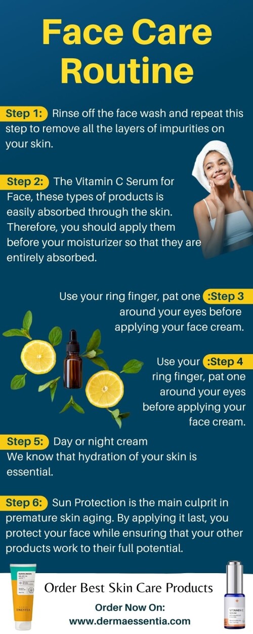 Face Care Routine is very important for good looks and younger skin. But what type of skincare you should choose. In this Inphographic we have mentioned best skincare routine and skincare product. To know more visit: https://www.dermaessentia.com/