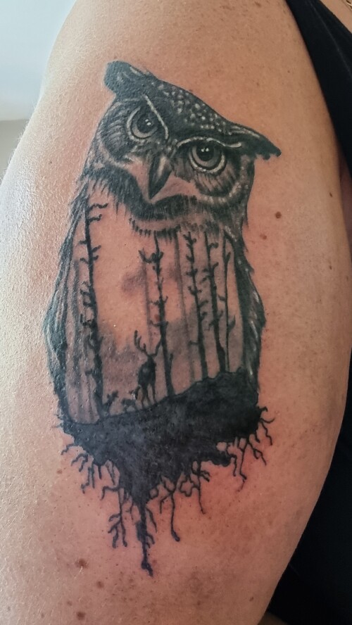 Epic Owl with deers tattoo. 2021