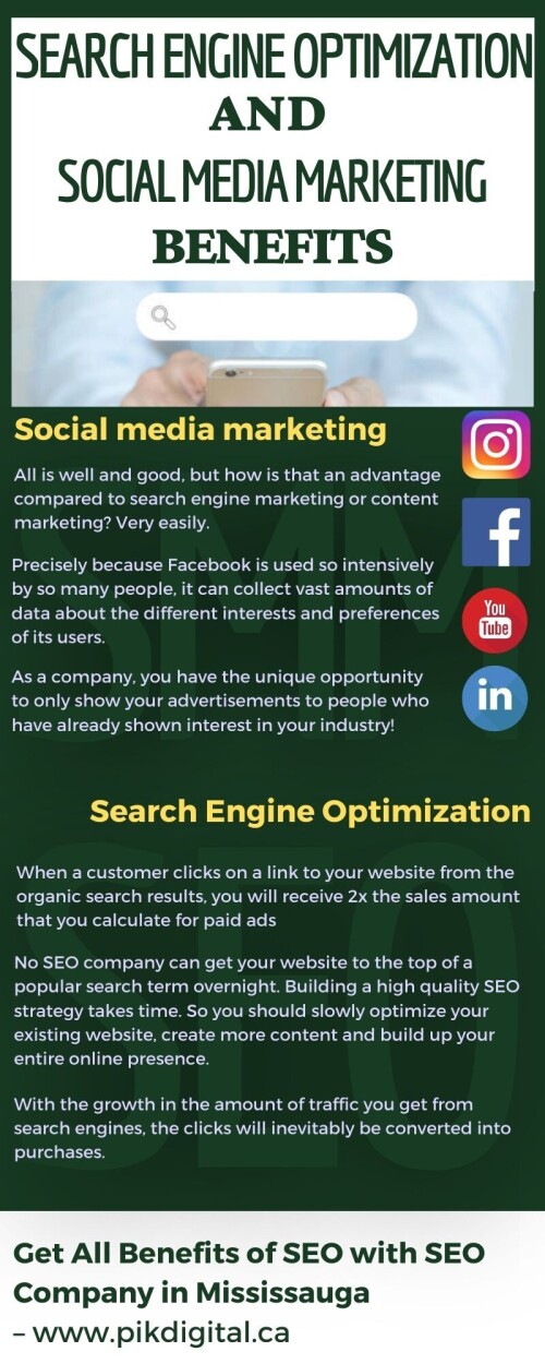 SEO and Social Media Marketing - both of them important for business success. So In this article, SEO Company Mississauga will explain the two currently best-known disciplines of online marketing.

Search Engine Optimization and Social Media Marketing which one best for you read to know: Click here to read more - pikdigitalcanada.blogspot.com/2021/08/mississauga-seo-and-smo-benefits.html