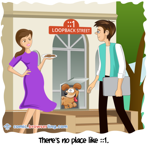 There's no place like ::1.

For more Internet browser jokes visit https://comic.browserling.com. New jokes about IE, Edge, Firefox, Safari and Opera every week!