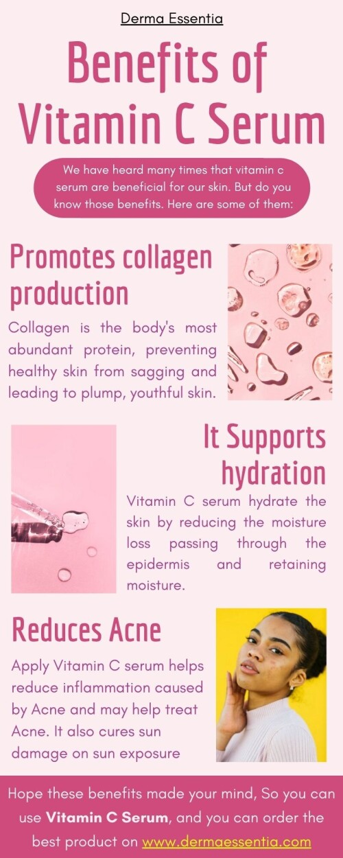 We have heard many times that vitamins are beneficial for our skin. But do you know why Vitamin C is so good for your skin? Find out how vitamin C can offer many benefits to skin. Read this inphographic or visit www.dermaessentia.com know more.

 #skincare #beauty #skin #skincareroutine #antiaging #glowingskin #healthyskin #skincaretips #skincareproducts #serum #selfcare #vitamincserum