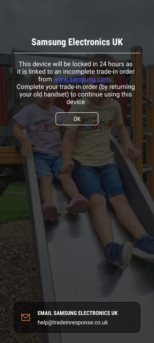 samsung: this device will be locked in 24 hours as its part of an incomplete trade-in ?

Dirty backhanded practices by Samsung. Samsung are remotely locking phones for failed trade in, lost trade in, late trade in !! Even with 9+ days left Samsung are remotely locking phones. 

Sure this could actually be illegal given how anti consumer this is and the fact its catching genuine customers. There are even a handful of cases of Samsung doing the same to phones that have been fully paid for. ?????