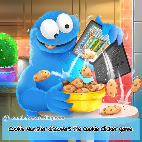 Cookie Monster discovers the Cookie Clicker game.

For more Internet browser jokes visit https://comic.browserling.com. New jokes about IE, Edge, Firefox, Safari and Opera every week!