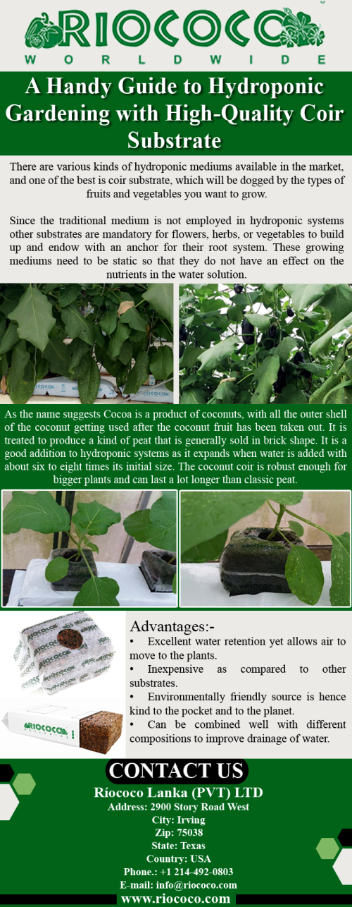 There are various kinds of hydroponic mediums available in the market, and one of the best is coir substrate, which will be dogged by the types of fruits and vegetables you want to grow. More details visit http://toparticlesubmissionsites.com/a-handy-guide-to-hydroponic-gardening-with-high-quality-coir-substrate/