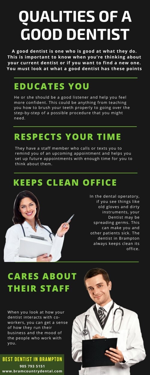 A good dentist is one who is good at what they do. This is important to know when you're thinking about your current dentist or if you want to find a new one. You must look at what a good dentist has these four points. Or you can visit the best dentist in Brampton: http://bramcountrydental.com/