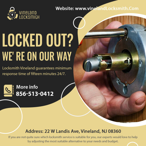 The Vineland Locksmiths are trained to handle emergency situations, be it a car lockout, a house break-in or simply a jammed door look in the middle of the night. Our 24 hour locksmiths will be dispatched to you immediately. For more detail visit us at http://www.vinelandlocksmith.com/ or contact us at 856-513-0412 Address: Vineland, NJ #LocksmithVinelandNJ #VinelandLocksmith #Vineland #NJ