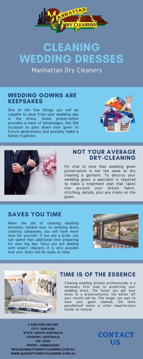 Cleaning wedding dresses professionally is a necessary first step to preserving your wedding dress. The faster you get your dress to a preservationist, the better off your results will be. The longer you wait to have your gown cleaned, the more possibilityof stains or other imperfections harder to remove. Visit us at : 
https://www.manhattandrycleaners.com.au/services/special-wedding-garments/