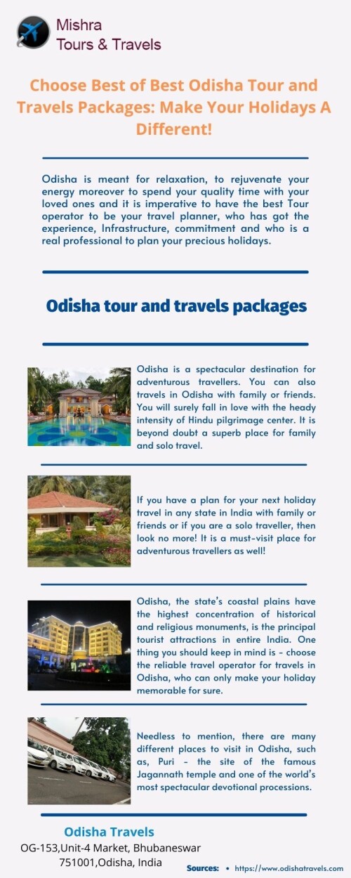 Odisha is a spectacular destination for adventurous travellers. You can also travels in Odisha with family or friends. Choose Odisha tour and travels packages, choose Mishra Tours & Travels. Visit us at : https://www.odishatravels.com/travel-agents-in-bhubaneswar