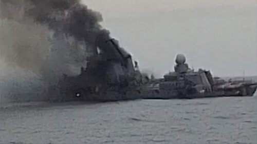 Doomed Moskva Russia warship is 'seen burning in  image posted to twitter' after Ukraine missile strike 'killed ALL 510 aboard' Putin's Black Sea flagship.