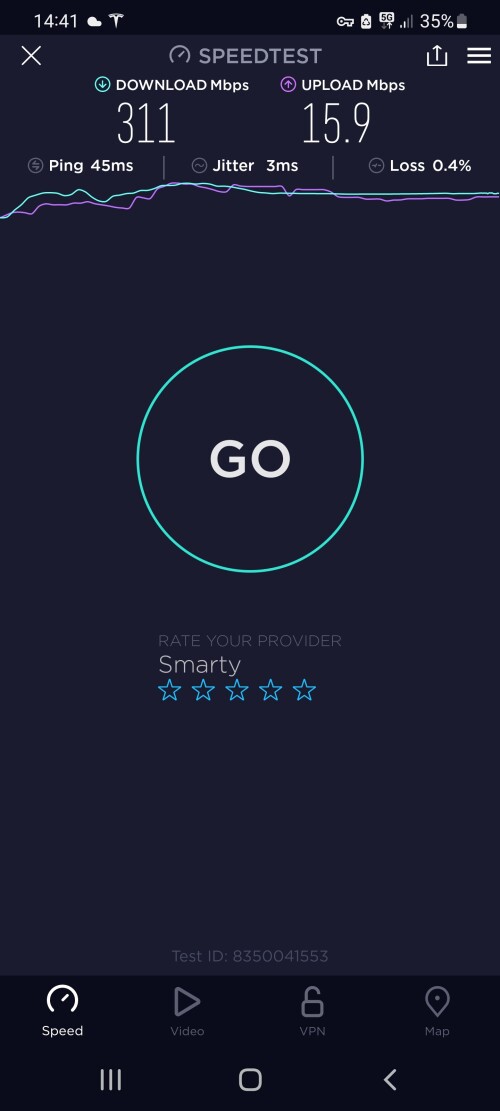 Smarty (Three) Mobile network on 5G (over 300mbit download). Location: Flint, Wales, UK


5G is the fifth generation of mobile network delivering a massive leap forward in both speed and quality. Data moves faster, it's more responsive, and you'll be able to connect a lot more devices at the same time.
--- 

All our SIMs are 5G ready, so to get 5G, first get yourself a 5G compatible device. Then, get to one of our 5G coverage areas as the network rolls out.