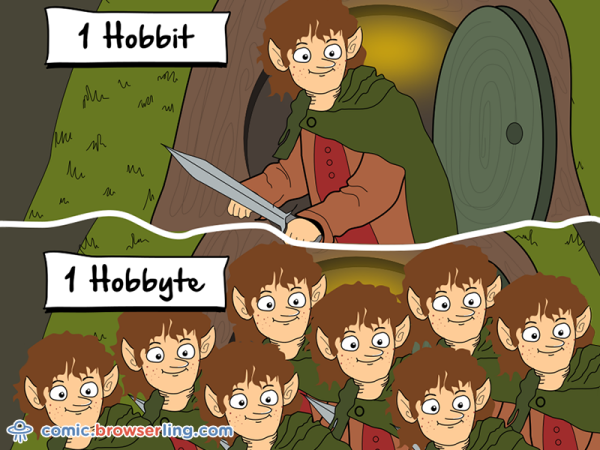 There are eight hobbits in a hobbyte.

We love programmer, nerd and geek humor! For more funny computer jokes visit our comic at https://comic.browserling.com. We're adding new programming jokes every week. We're true geeks at heart.