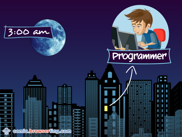 Programmers are the only people awake at 3am.

We love programmer, nerd and geek humor! For more funny computer jokes visit our comic at https://comic.browserling.com. We're adding new programming jokes every week. We're true geeks at heart.