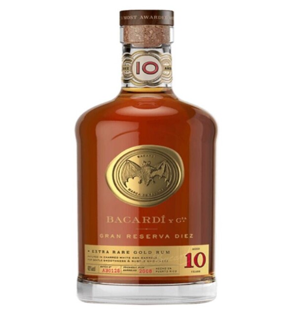 This is the World's Most Awarded Rum Bacardi Gran Reserva Diez. It's aged 10 years under the Caribbean sun in charred white oak barrels and filtered only before aging. Bright notes of stone fruits, banana and pear, balanced with caramelized vanilla and oak.
https://corporate.getbevvi.com/productdetail/bacardi-gran-reserva-diez-rum-750-ml