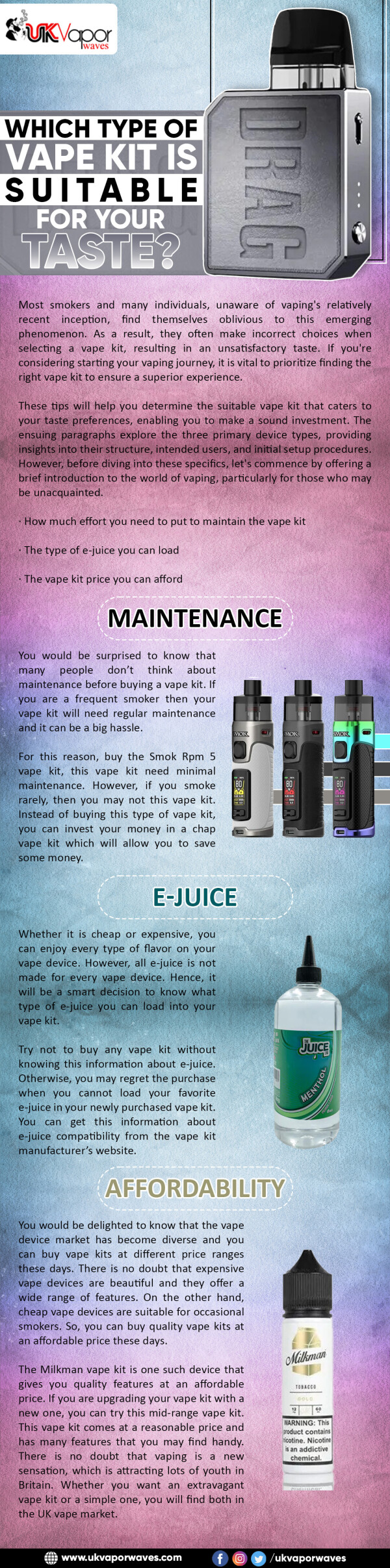 Most smokers and many individuals, unaware of vaping's relatively recent inception, find themselves oblivious to this emerging phenomenon. As a result, they often make incorrect choices when selecting a vape kit, resulting in an unsatisfactory taste. If you're considering starting your vaping journey, it is vital to prioritize finding the right vape kit to ensure a superior experience.