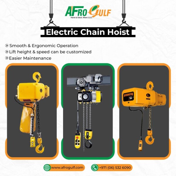 Looking for reliable Electric Chain Hoists? Afro Gulf Hard & Elect Ware LLC has got you covered! Contact our sales team today to experience superior performance. https://afrogulf.com/electric-chain-hoist-suppliers/