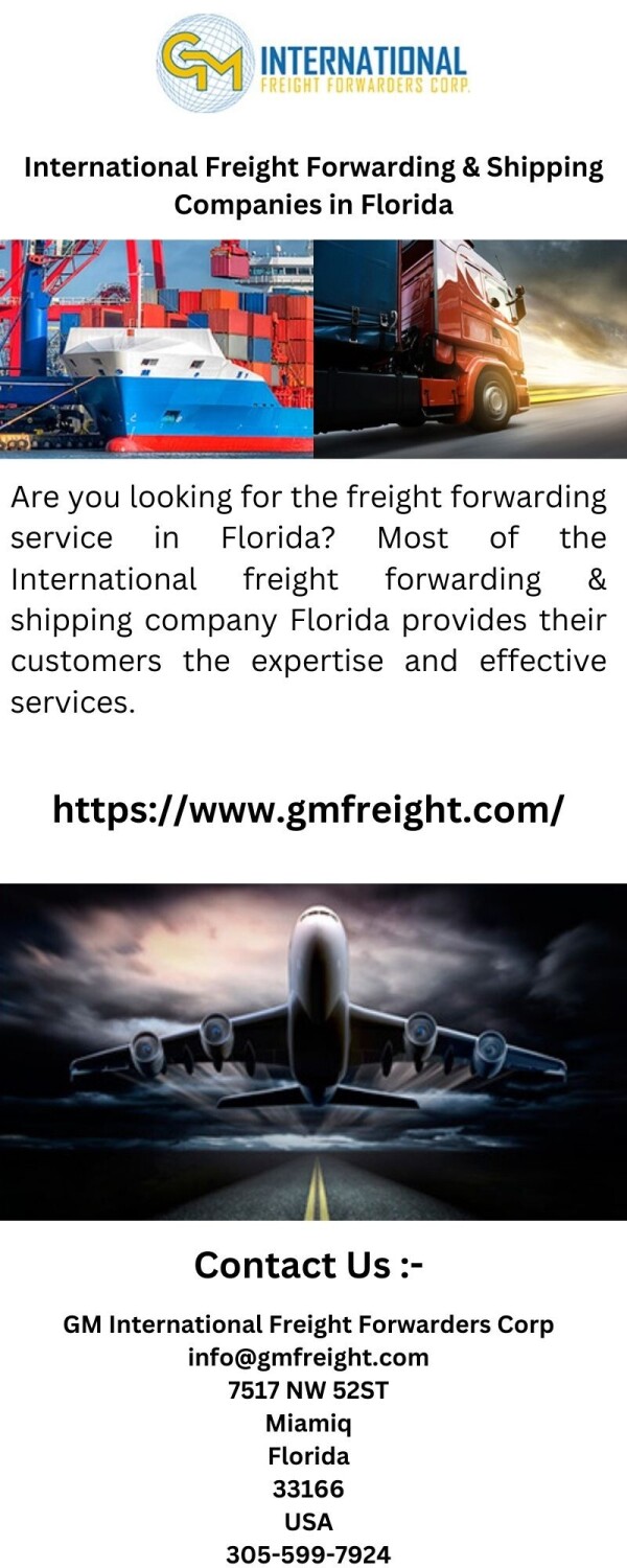 Are you looking for the freight forwarding service in Florida? Most of the International freight forwarding & shipping company Florida provides their customers the expertise and effective services.


https://www.gmfreight.com/