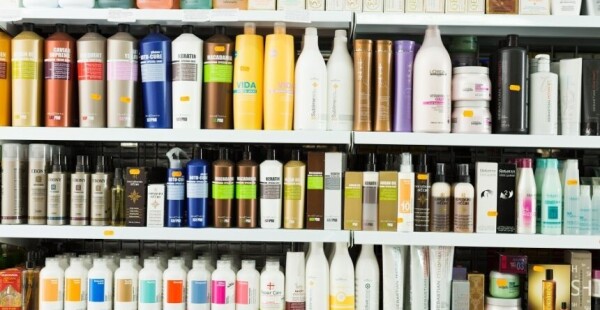 BARCELONA, SPAIN - MARCH 17, 2016: view on a shelf with hair care items in the cosmetic department i