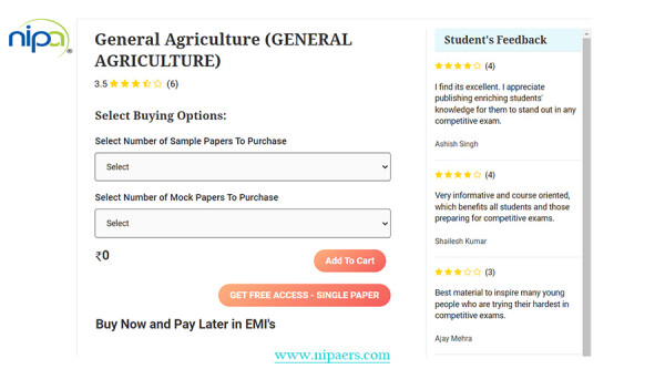 NIPAers offers comprehensive mock tests for agriculture competitive exams. These tests are designed to simulate the actual exam environment and cover a wide range of topics, including agronomy, horticulture, livestock management, and agricultural economics. With detailed performance analysis, NIPAers mock tests provide valuable insights for exam preparation, ensuring success for aspiring agriculture professionals.
visit: https://www.nipaers.com/test-series/general-agriculture