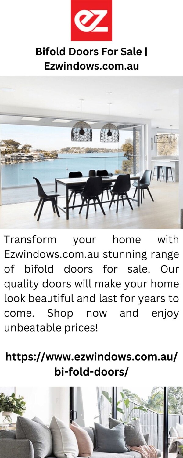 Transform your home with Ezwindows.com.au stunning range of bifold doors for sale. Our quality doors will make your home look beautiful and last for years to come. Shop now and enjoy unbeatable prices!

https://www.ezwindows.com.au/bi-fold-doors/