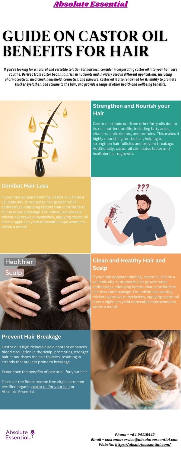 If you're looking for a natural and versatile solution for hair loss, consider incorporating castor oil into your hair care routine. Derived from castor beans, it is rich in nutrients and is widely used in different applications, including pharmaceutical, medicinal, household, cosmetics, and skincare. Website: https://absoluteessential.com/