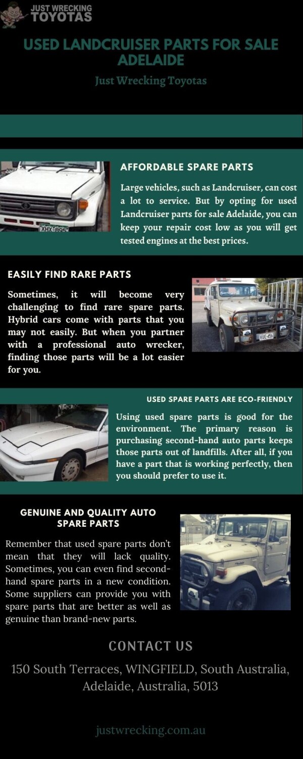 While buying new car parts can be very costly, you can save a considerable amount of money by opting for used Landcruiser parts for sale Adelaide. Visit us : 
https://justwrecking.com.au/