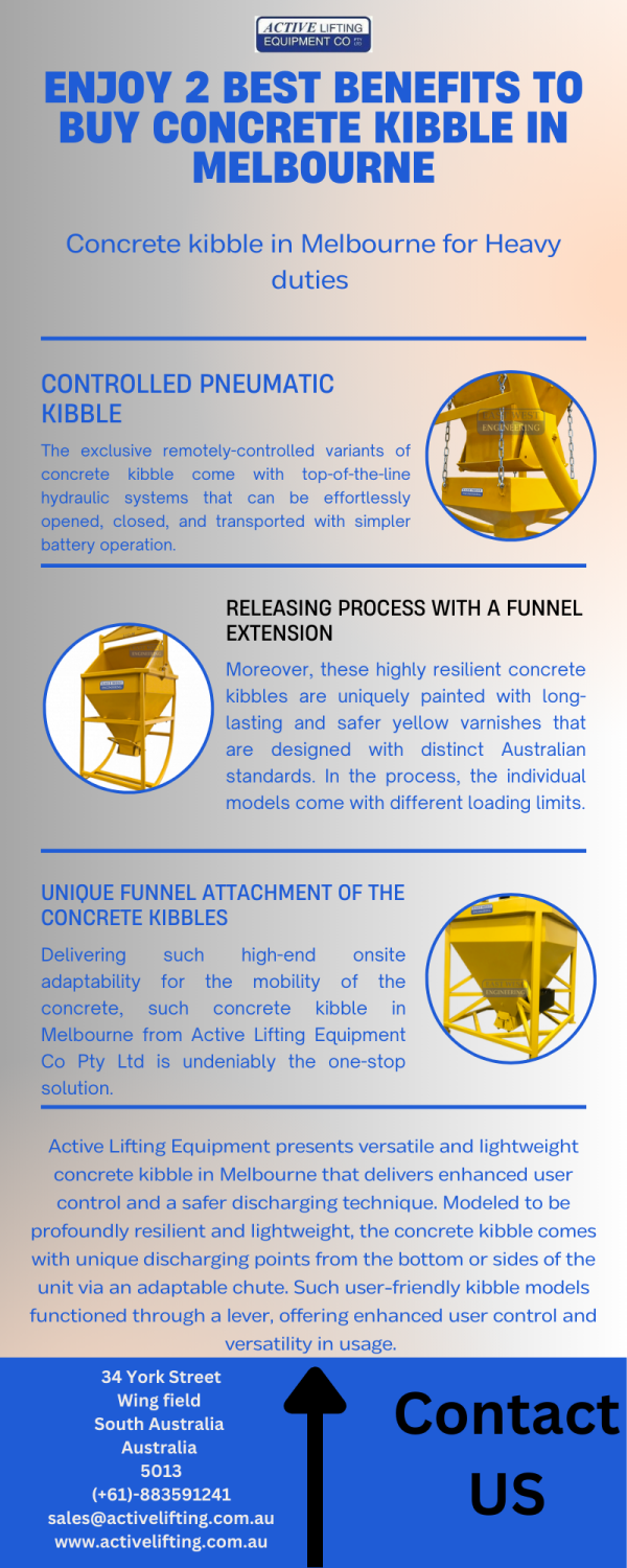 Active Lifting Equipment presents versatile and lightweight concrete kibble in Melbourne that delivers enhanced user control and a safer discharging technique.  Visit us : 
https://www.zupyak.com/p/3563771/t/enjoy-2-best-benefits-to-buy-concrete-kibble-in-melbourne