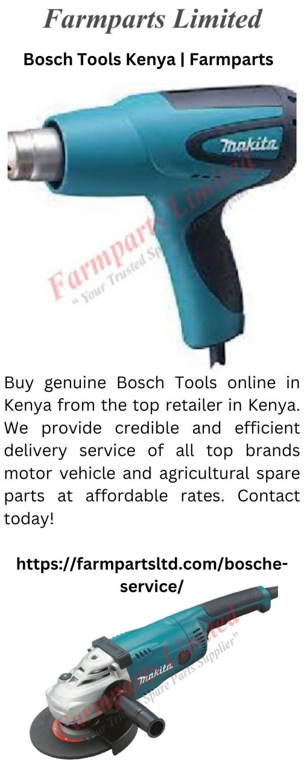 Buy genuine Bosch Tools online in Kenya from the top retailer in Kenya. We provide credible and efficient delivery service of all top brands motor vehicle and agricultural spare parts at affordable rates. Contact today!

https://farmpartsltd.com/bosche-service/