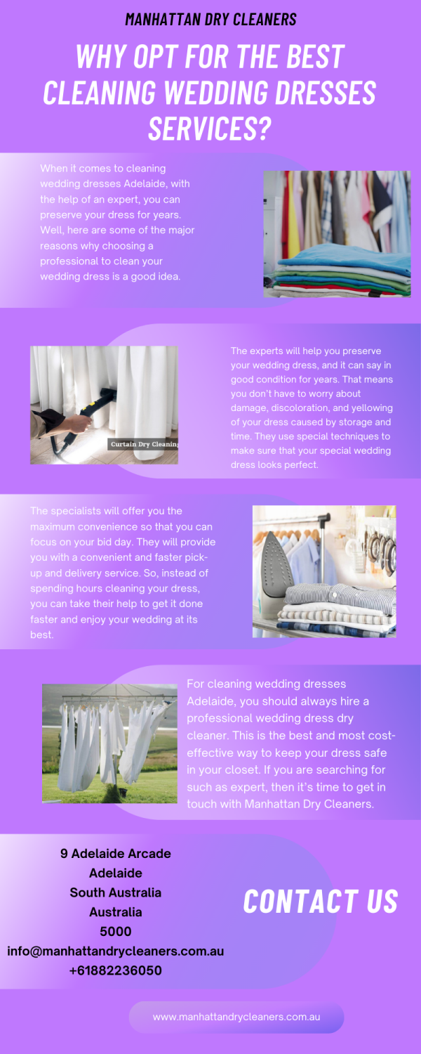 Your wedding dress is special for you, and you will definitely want to keep it preserved. Well, you can make it easier by choosing professional cleaning wedding dresses Adelaide. Visit us: 
http://toparticlesubmissionsites.com/why-should-you-hire-professional-curtain-cleaners-near-me/