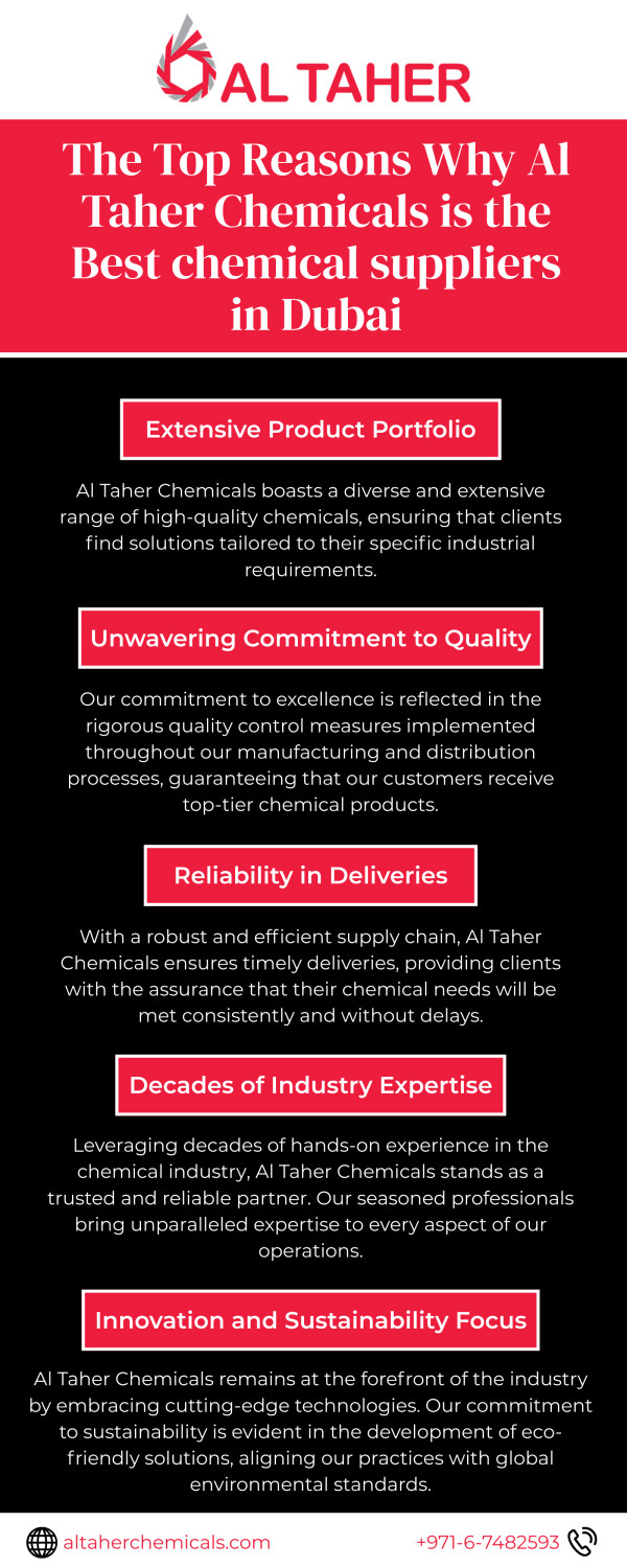 Looking for the best chemical suppliers in Dubai? Look no further than Al Taher Chemicals! With top-notch quality products and exceptional customer service, they are the go-to choice for all your chemical needs. Discover the top reasons why Al Taher Chemicals is the best in the business!

https://altaherchemicals.com/