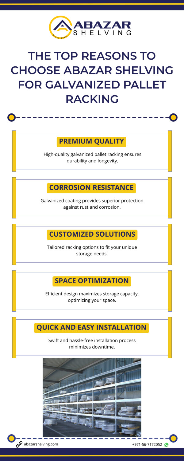 Looking for the best shelving solution for your warehouse? Look no further! Abazar Shelving offers the highest quality galvanized pallet racking that is durable, reliable, and cost-effective. Say goodbye to storage woes and hello to efficient and organized spaces. Discover the top reasons why Abazar Shelving is the ultimate choice for your racking needs. https://www.abazarshelving.com/galvanized-pallet-rack/