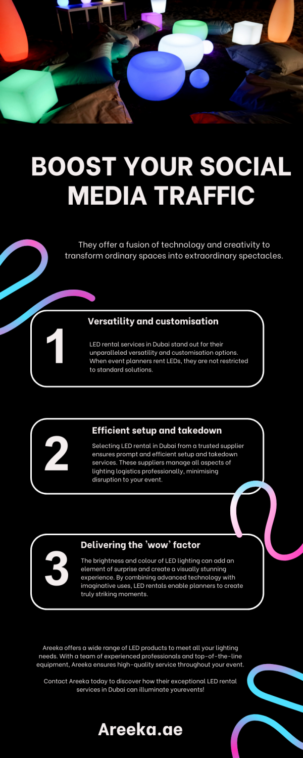 Areeka, a leader in the event rental industry, is synonymous with innovation and excellence. As Dubai's premier furniture and decor rental company, Areeka offers a wide range of LED products to meet all your lighting needs. With a team of experienced professionals and top-of-the-line equipment, Areeka ensures high-quality service throughout your event. https://areeka.ae