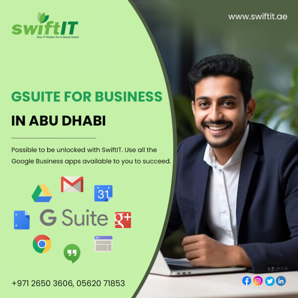 Unlock the power of GSuite for Business in Abu Dhabi with as partner Swift IT! Gain access to a complete suite 
of Google Business Apps for your organization's success.

Give us a call right away!

? +971-26503606, 0562071853

? https://swiftit.ae/