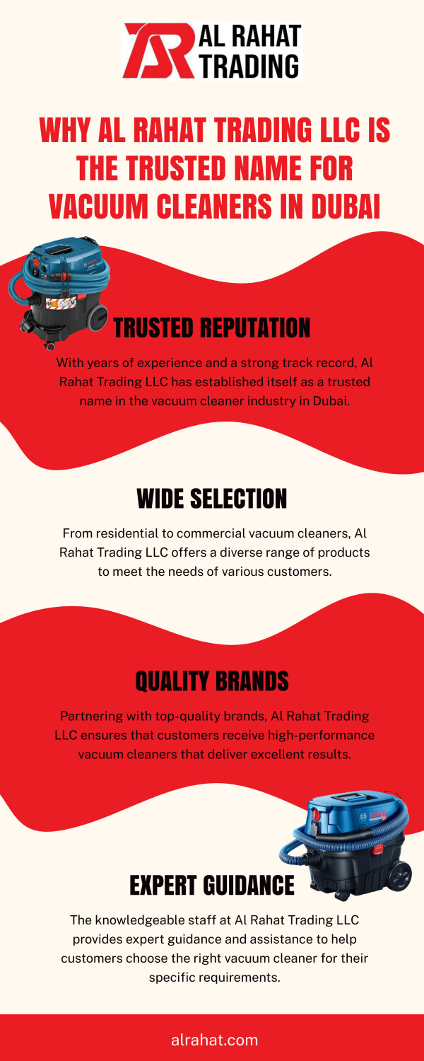 Looking for a reliable vacuum cleaner Dubai? Look no further than Al Rahat Trading LLC! With their years of experience and trusted reputation, they are your go-to destination for top-notch vacuum cleaners. Say goodbye to dirt and hello to cleanliness with their wide range of options.

https://alrahat.com/product-category/power-tools/vacuum/