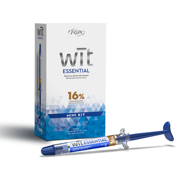 A reliable take-home whitening solution is available with proprietary carbamide peroxide and potassium nitrate formulation. Wīt Essential is a gel whitening product for use under a Dentist’s supervision and produced by FGM Dental Group.
https://fgmus.com/product/wit-essential/