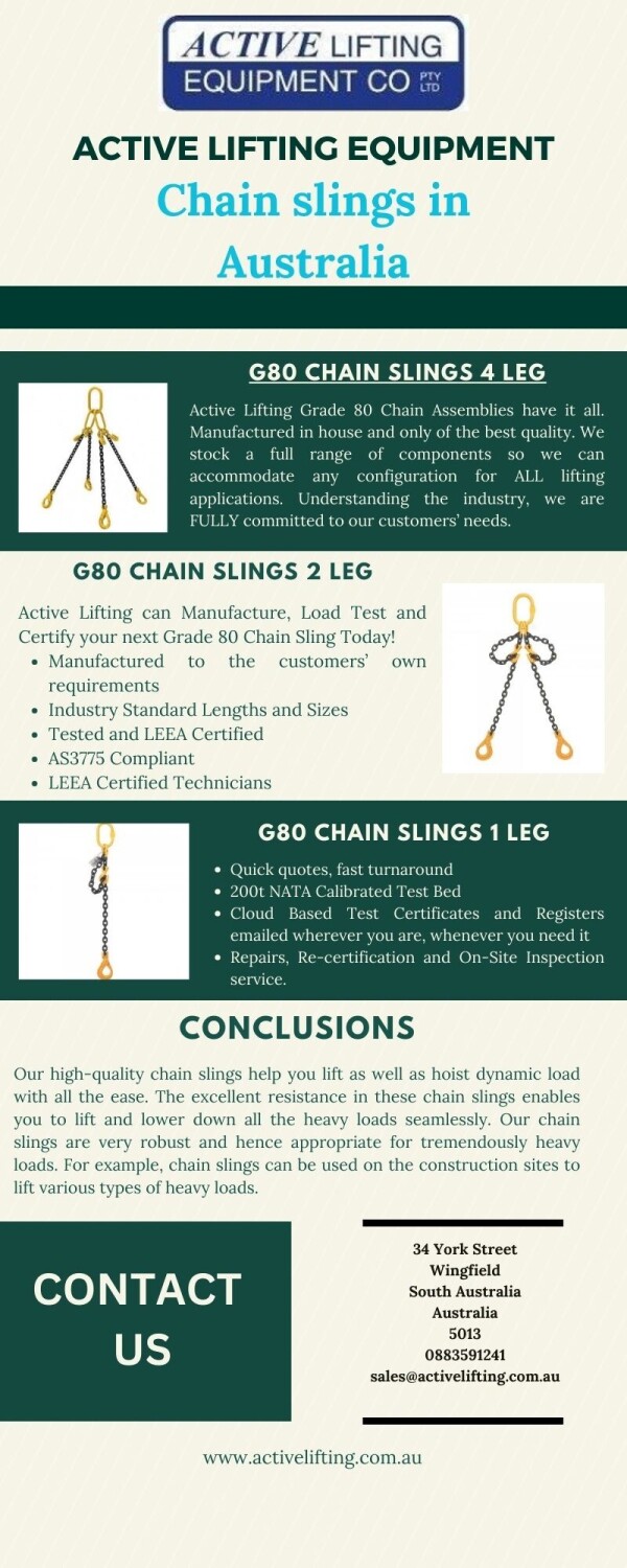 Without the use of such products, employees can potentially fall, resulting in serious injuries or else even death. If you want to buy chain slings in Australia at a reasonable price, consider buying from us. For more information visit our website at:
https://www.activelifting.com.au/lifting-equipment/chain-slings/g80-chain-slings