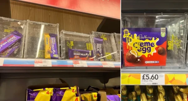 Cadbury's £1.50 chocolates kept in security boxes leave shoppers bemused.

The 120g bars on sale at a Co-op store in Cambridge were spotted in clear plastic boxes which require a member of staff to help purchase them.

A stunned shopper has revealed how Cadbury's £1.50 chocolate bars and Easter eggs are the latest food items to be locked in plastic security boxes amid Britain's shoplifting crisis.

The 120g confectionary bars on sale at a Co-op Food store in Cambridge were spotted in clear plastic boxes which require a member of staff to help purchase them. Student Jack Johnston, 21, who lives in the city, saw the chocolate bars at the weekend and was left 'completely bemused'.

He told Yahoo UK: "We’ve seen security tags on butter, cheese, coffee and now Cadbury’s fruit and nut? Honestly, my first thought was, 'What stage of capitalism have we reached here? What issue is this meant to be solving?'" Johnston went into the shop to find a sweet treat to celebrate his university's end-of-term, and the £5.60 Cadbury's Creme Egg in a security case caught his eye.


Johnston saw the chocolate bars shortly afterwards and posted a photo to X (formerly Twitter) with the caption "freaked out by the cruel co-op and their imprisoned confectionary section." He added: "I’m glad I wasn’t there for those chocolate bars, though, because I can’t think of anything more embarrassing than asking a store assistant to unlock a security case so you can access the Cadbury’s Caramel."

Src: Yahoo News