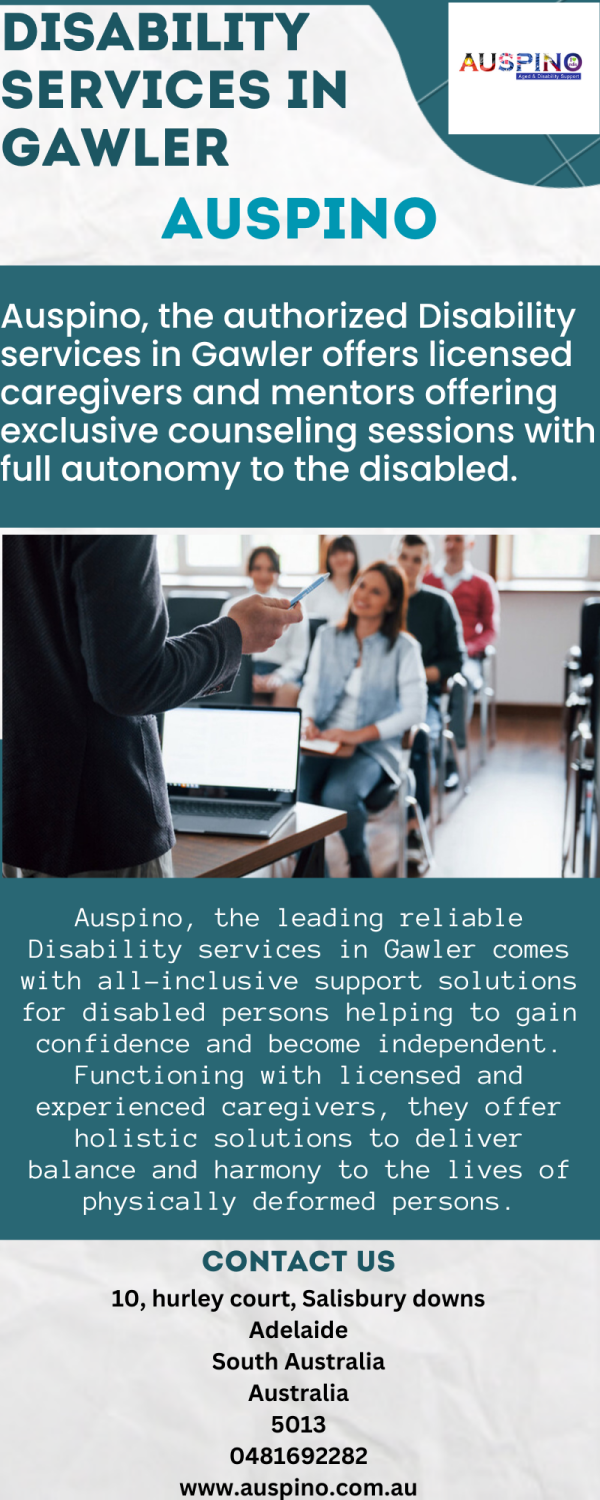 Auspino, the authorized Disability services in Gawler offers licensed caregivers and mentors offering exclusive counseling sessions with full autonomy to the disabled. Visit us: https://articlescad.com/choose-disability-services-in-gawler-for-3-best-benefits-43387.html