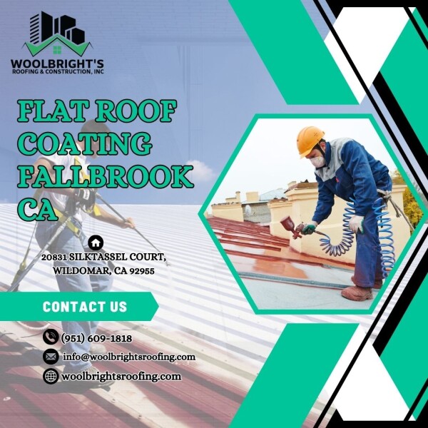 Experience unrivaled protection and longevity for your property with our specialized flat roof coating services in Fallbrook, CA. Our expert team brings years of experience and industry-leading solutions to safeguard your flat roof against the elements. Whether it's scorching sun, heavy rain, or harsh winds, our premium coatings create a durable barrier, preventing leaks, cracks, and deterioration.
Visit us: https://woolbrightsroofing.com/flat-roof-coating-fallbrook-ca/
Phone number: (951) 609-1818