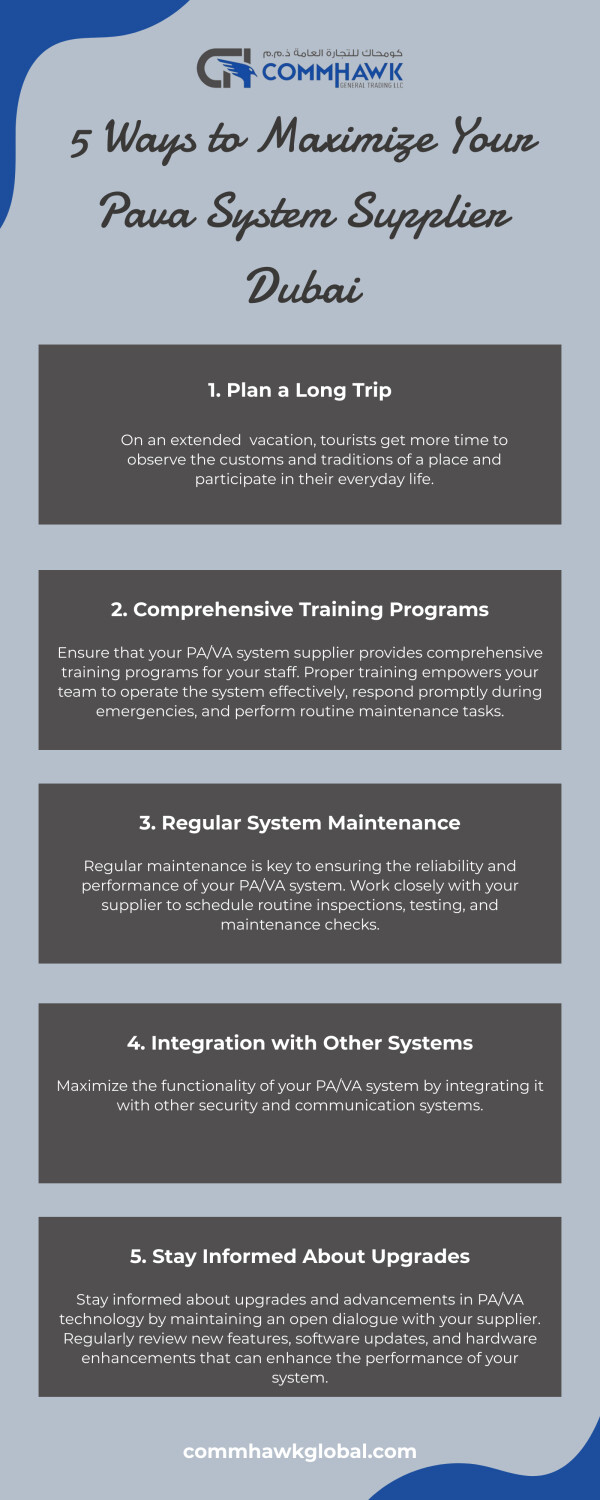 CommHawk Global is a leading supplier of Pava systems in Dubai, offering top-quality public address and voice alarm systems for various applications. With a commitment to delivering reliable, efficient, and cost-effective solutions, CommHawk Global has earned a reputation as a trusted provider of Pava systems in the UAE. Whether you need a system for a commercial building, educational institution, government facility, or any other setting, CommHawk Global can provide you with the perfect solution to meet your specific requirements. 

Visit us: https://www.commhawkglobal.com/public-address-system-supplier-uae/